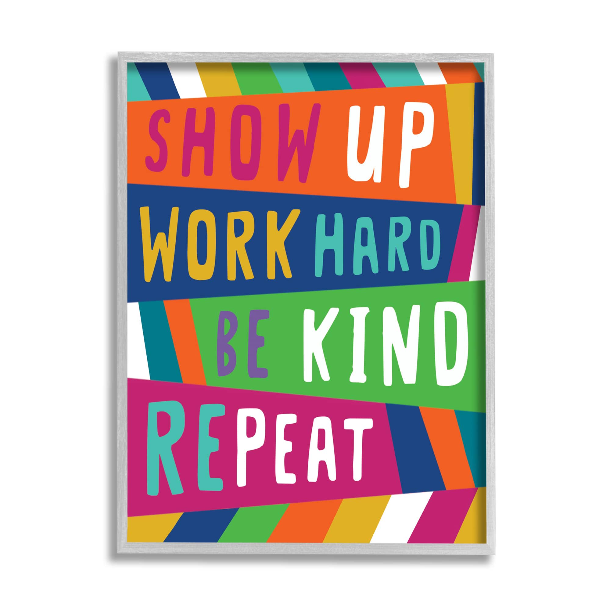Stupell Industries Show Up Work Hard Phrase Pop Stripe Pattern in Gray Frame Wall Art